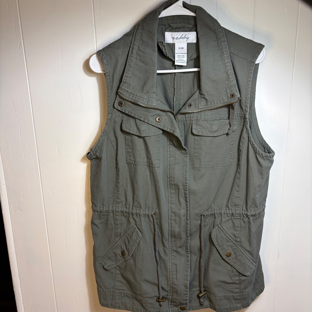 Sebby Womens XL Sage Green Cotton Utility Vest Drawstring Waist Full Zip Pockets